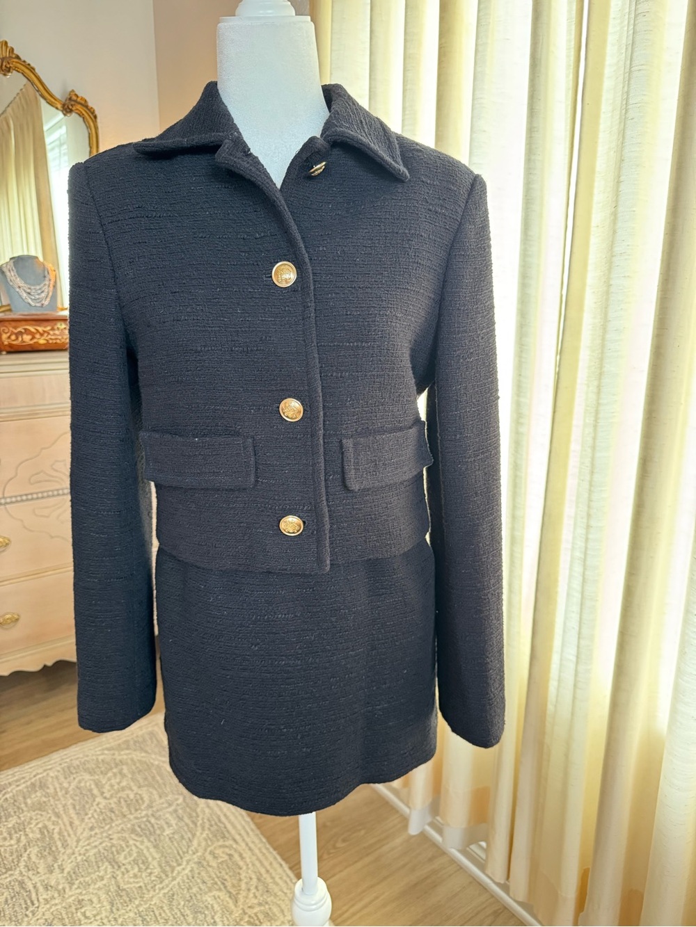 Aritzia Black Bouclé Cropped Jacket with Gold Buttons